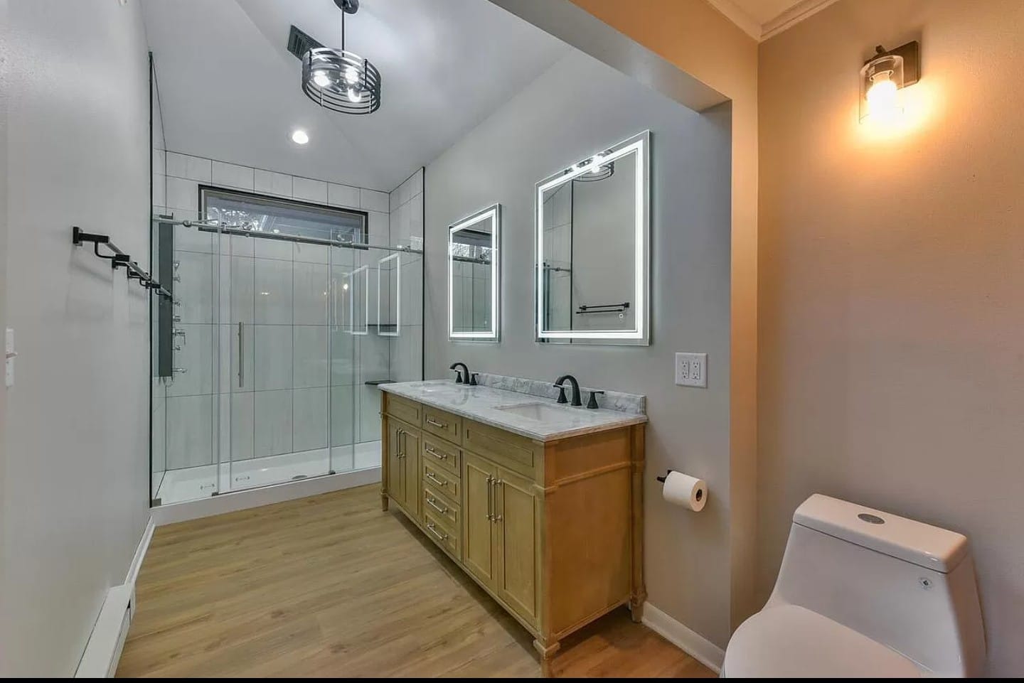 Bathroom remodel in Milwaukee with new flooring and shower installed